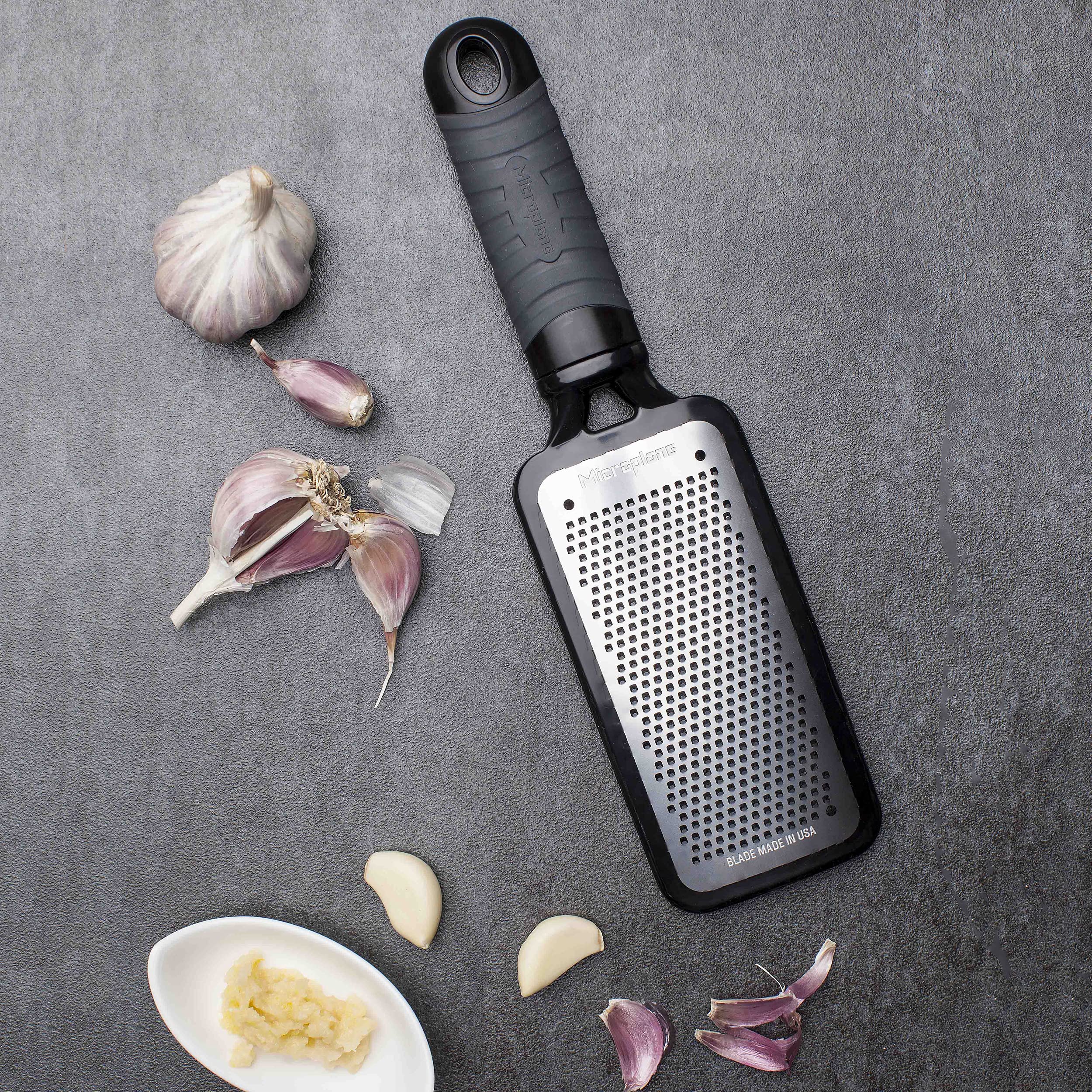 Microplane Home Series dishwasher-safe stainless steel for quick, hygienic cleanup.