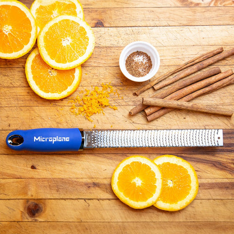 Microplane Premium Classic Zester Blue zesting citrus for bright flavor.