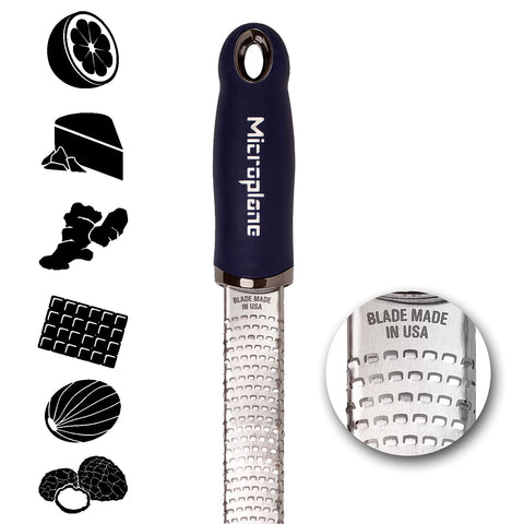 Microplane Parmesan Grater Dark Blue finely shreds hard cheese for toppings