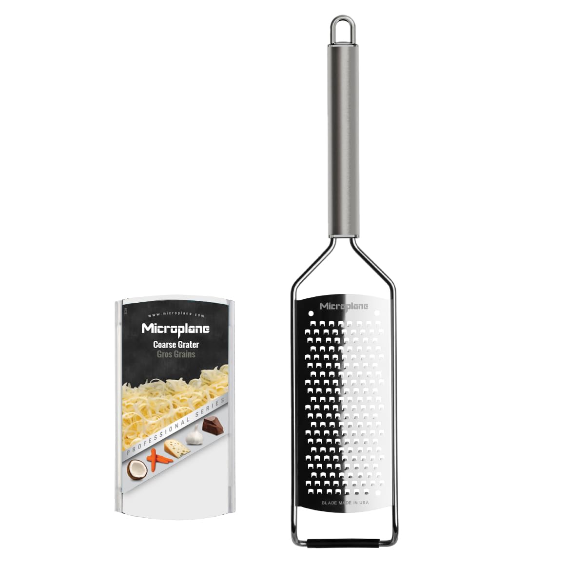 Microplane Professional Series coarse grater blade close-up for sharp, durable shredding.