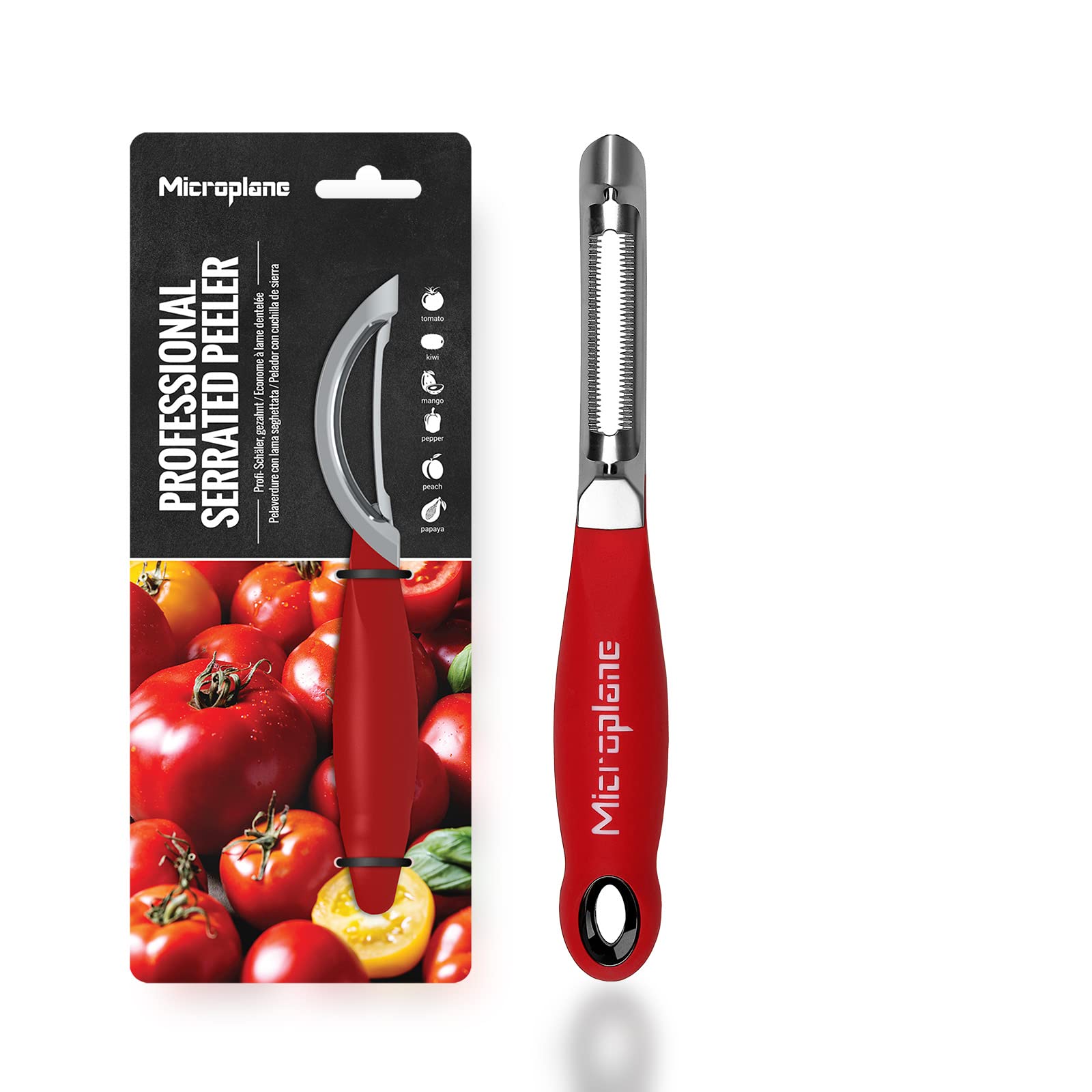 Microplane professional serrated swivel peeler for tomato and kiwi showing easy peeling of soft skins.