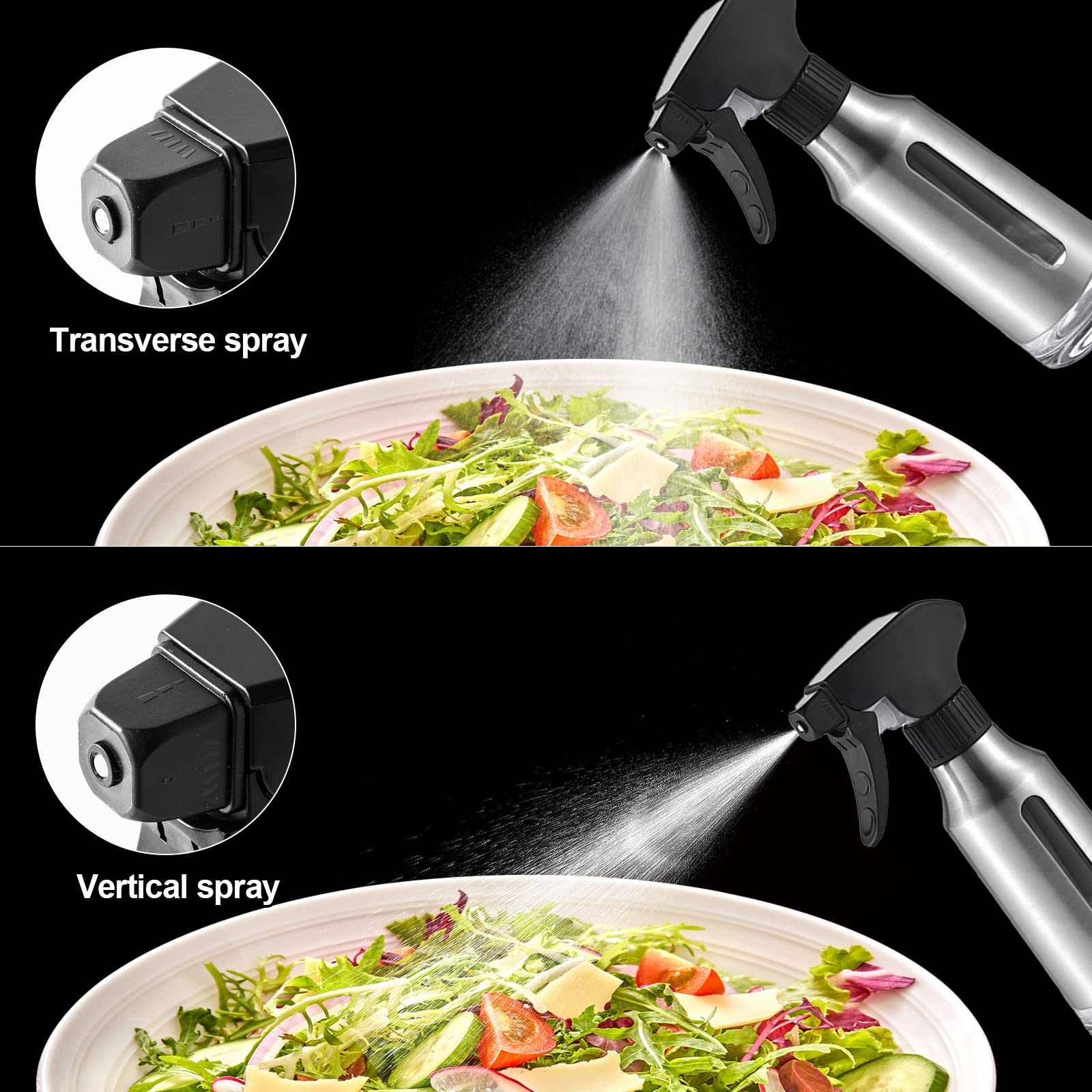 Micyples olive oil mister shows a clear glass body for easy monitoring and control.