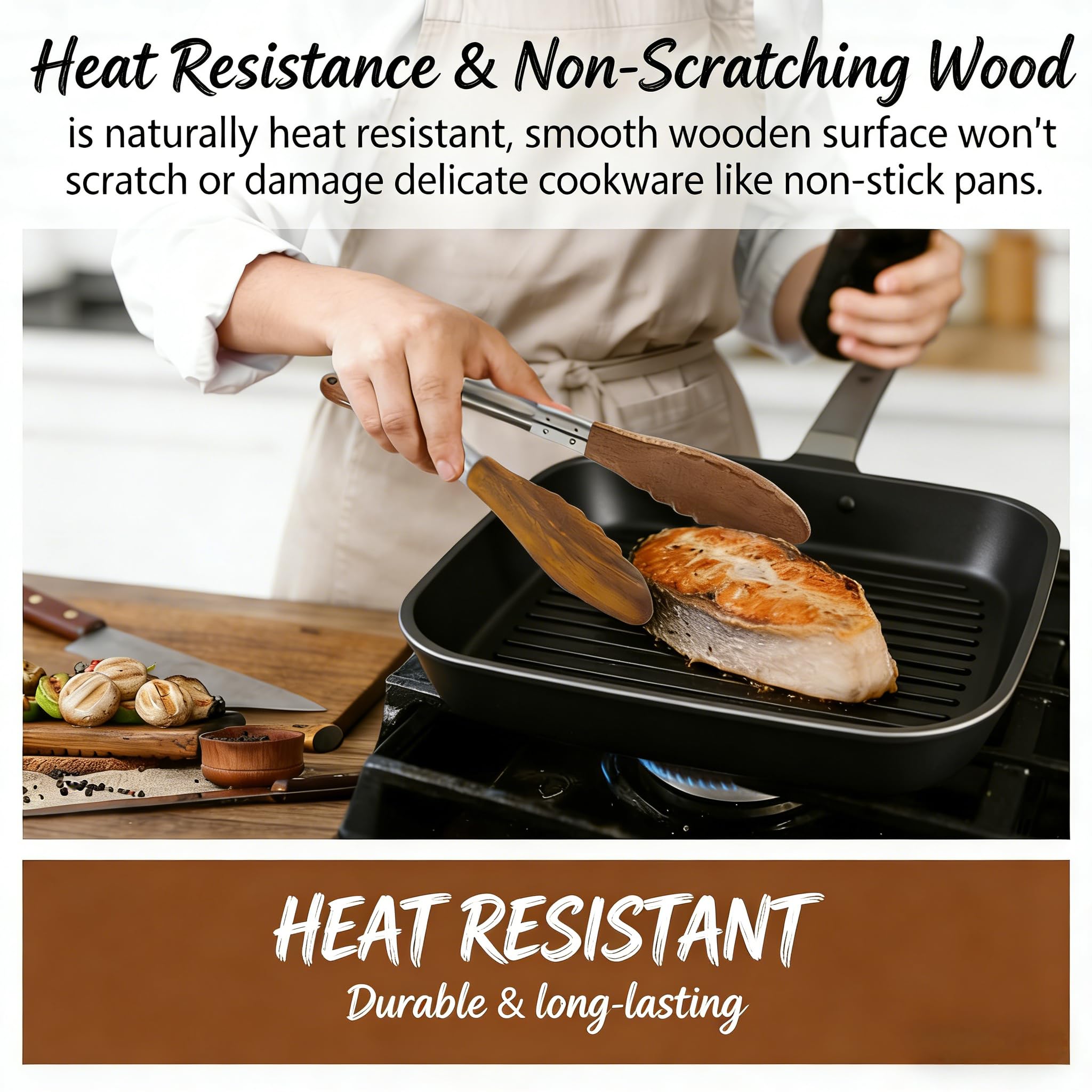 Micyples wooden tongs protect non-stick cookware with heat-resistant heads