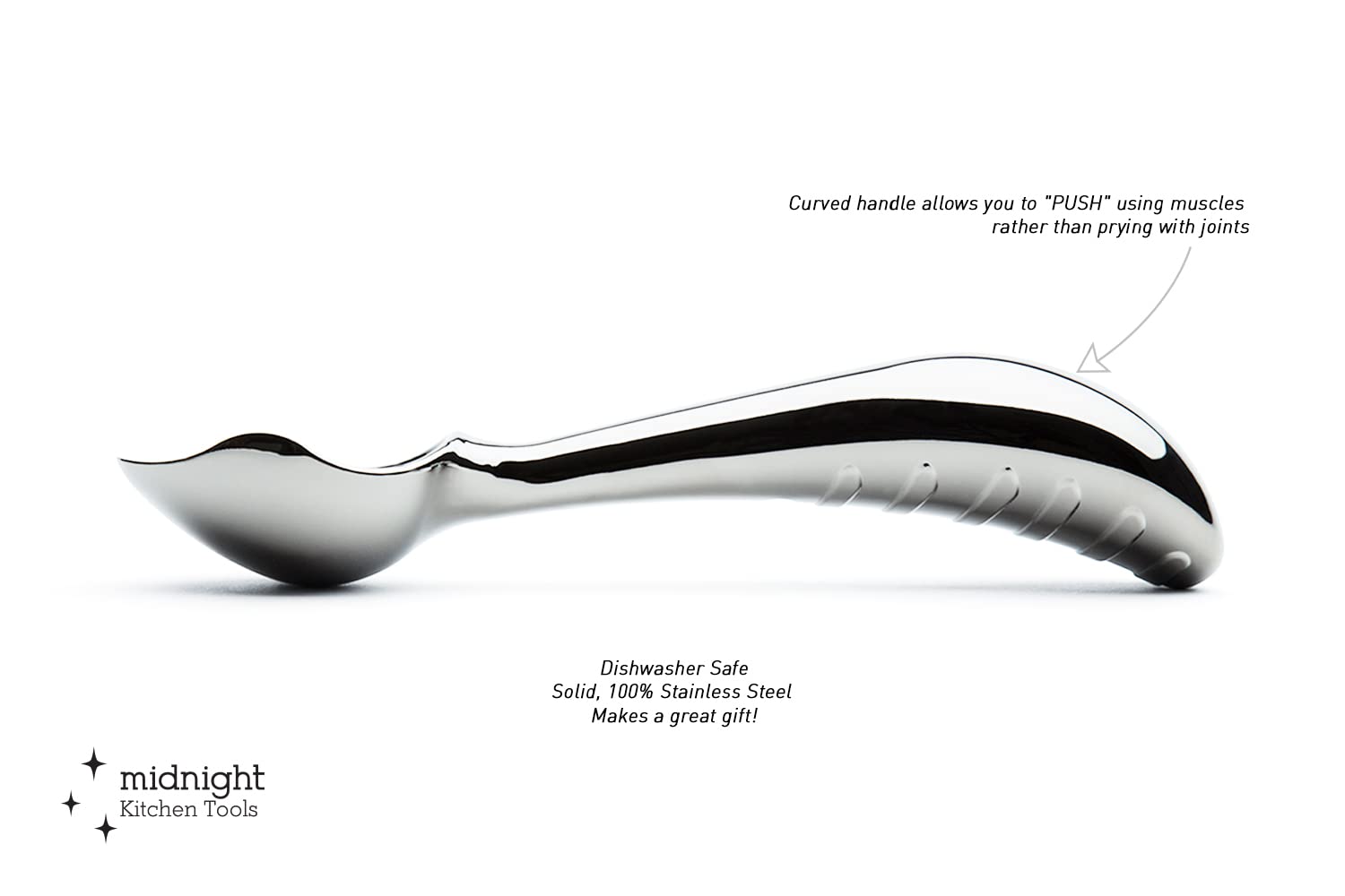 Midnight Scoop front tip cutting through hard ice cream, demonstrating power and precision.
