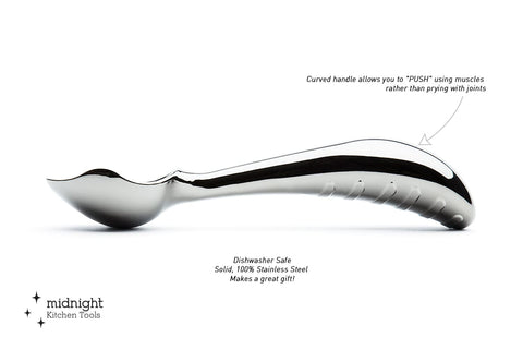 Midnight Scoop front tip cutting through hard ice cream, demonstrating power and precision.