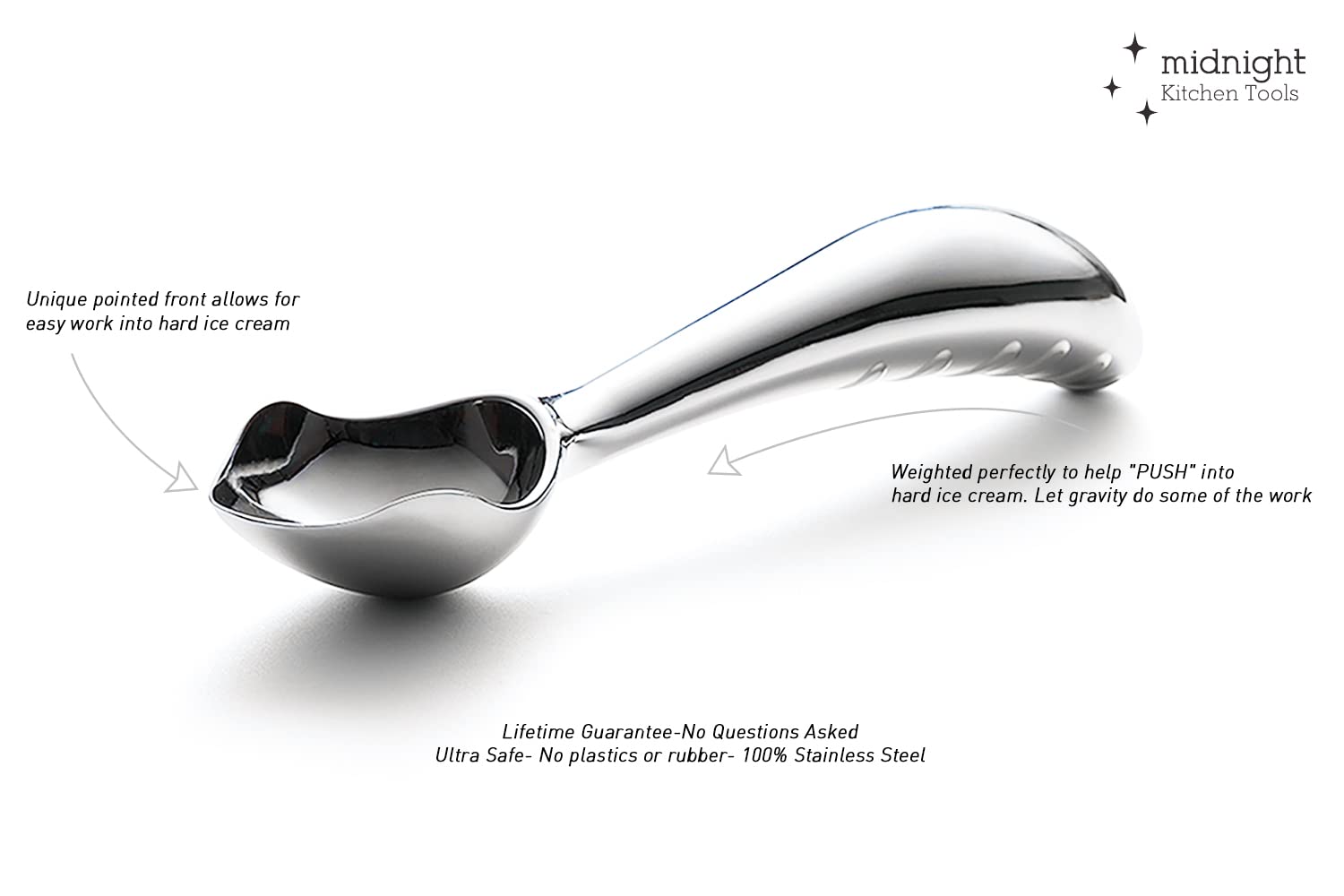Midnight Scoop stainless steel, dishwasher-safe design enables quick cleanup after use.