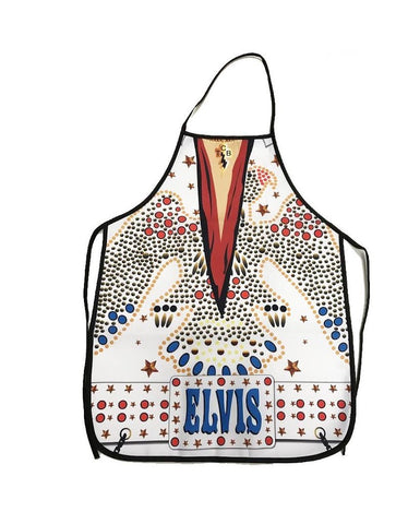 Midsouth Elvis Presley apron fabric closeup highlights polyester durability for busy kitchens.