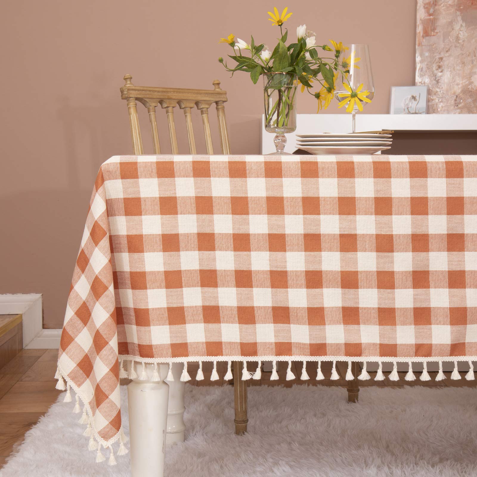 Midsummer Breeze rustic plaid orange tablecloth enhances farmhouse dining ambiance