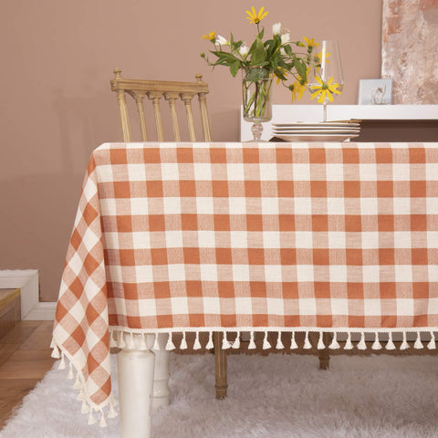 Midsummer Breeze rustic plaid orange tablecloth enhances farmhouse dining ambiance