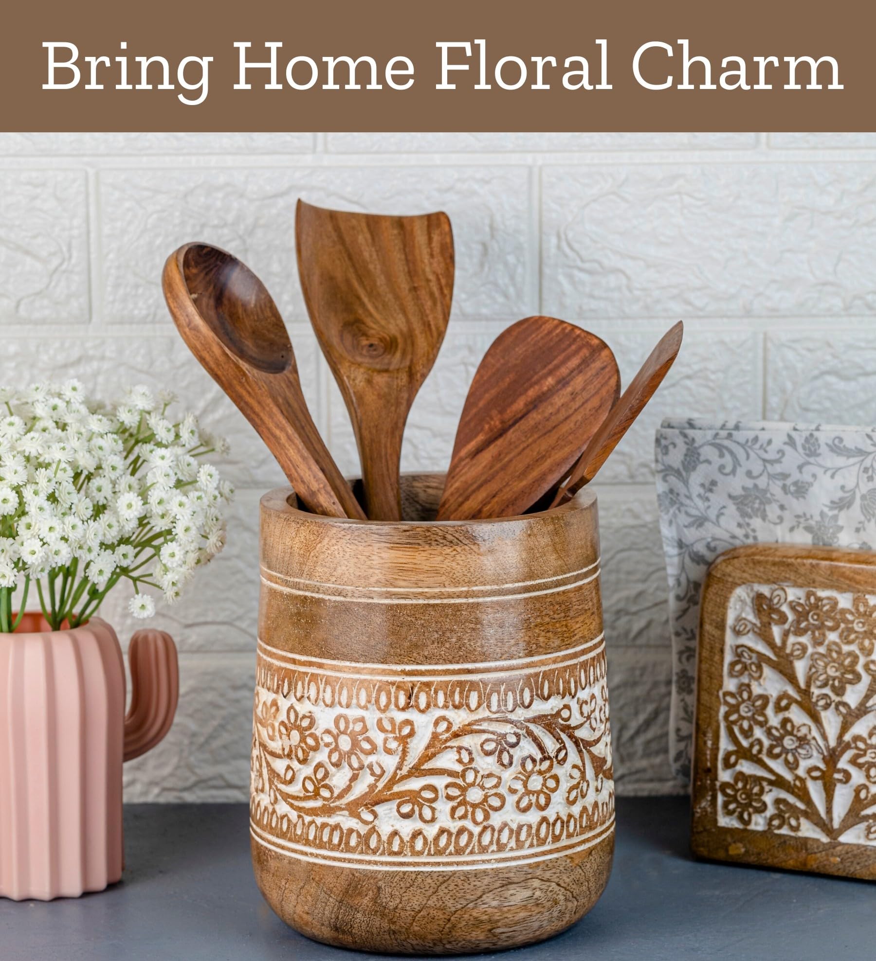 Mie Creations mango wood texture emphasizes eco-friendly durability.