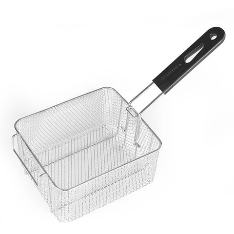 Miecux stainless square fry basket front view, compact kitchen-friendly design.