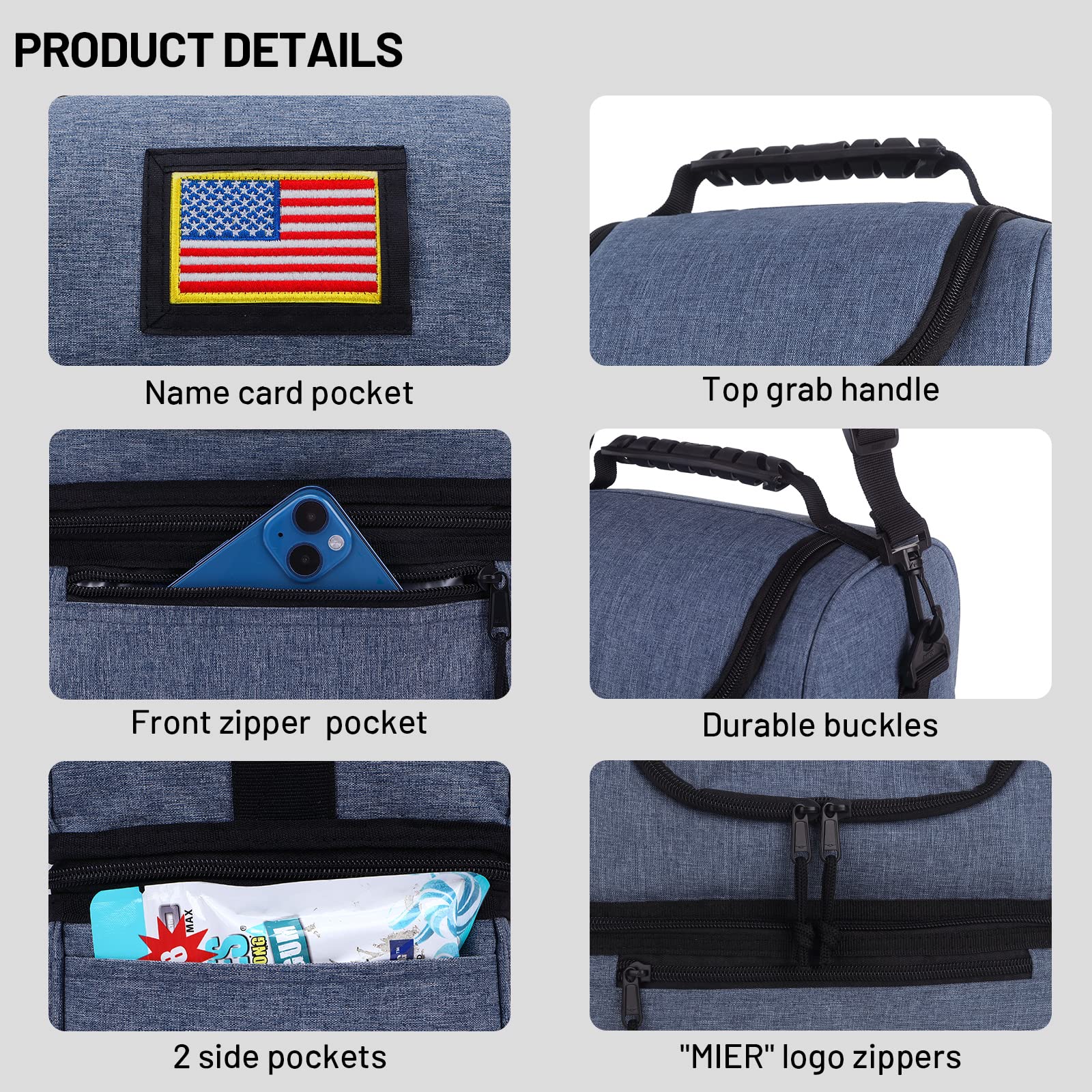 MIER adult lunch box blue steel large, adjustable strap and silicone handle for comfortable carrying.