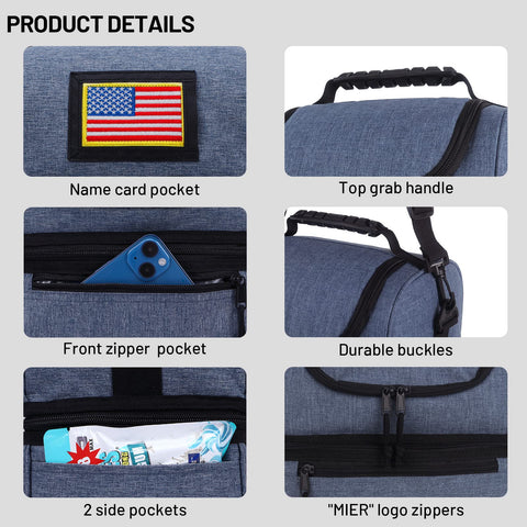 MIER adult lunch box blue steel large, adjustable strap and silicone handle for comfortable carrying.