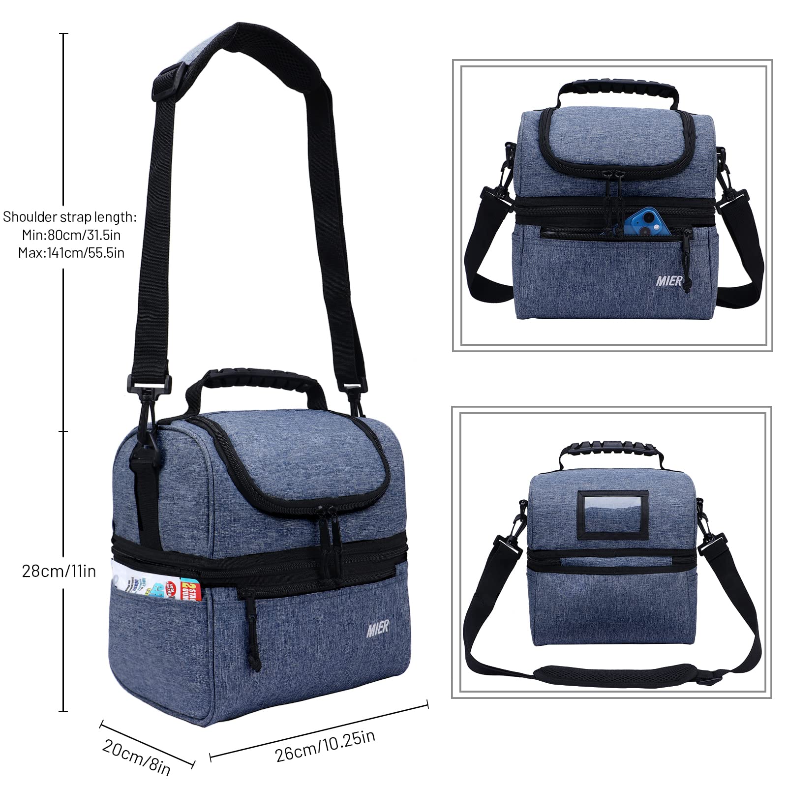 MIER adult lunch box blue steel large, bottom cold compartment keeps drinks and salads fresh.