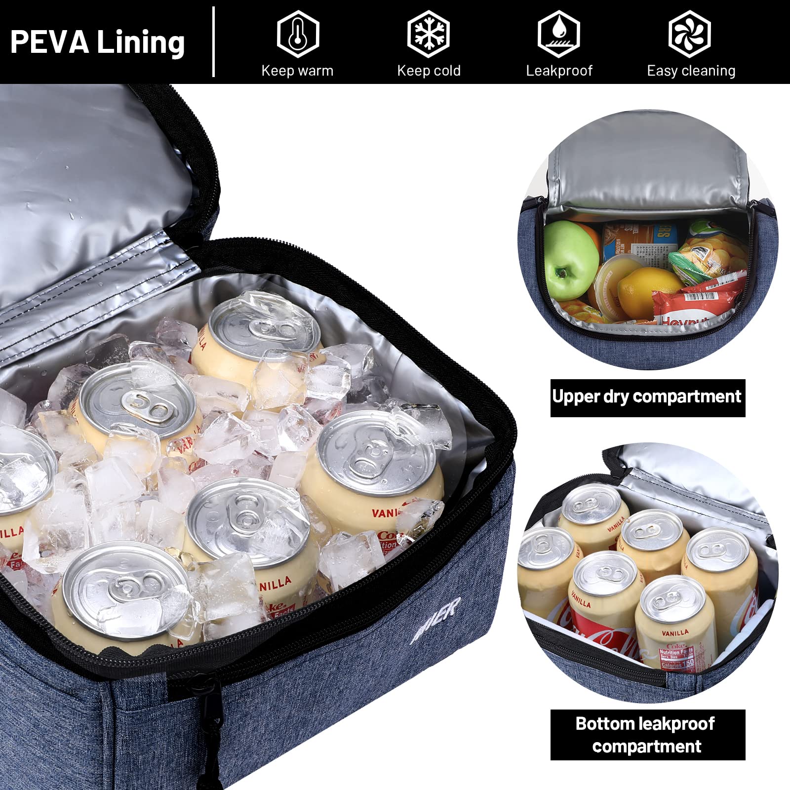 MIER adult lunch box blue steel large, dry-top compartment open for easy access to snacks.