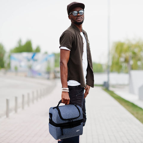 MIER adult lunch box blue steel large, front zip pouch and side pockets for utensils and keys.