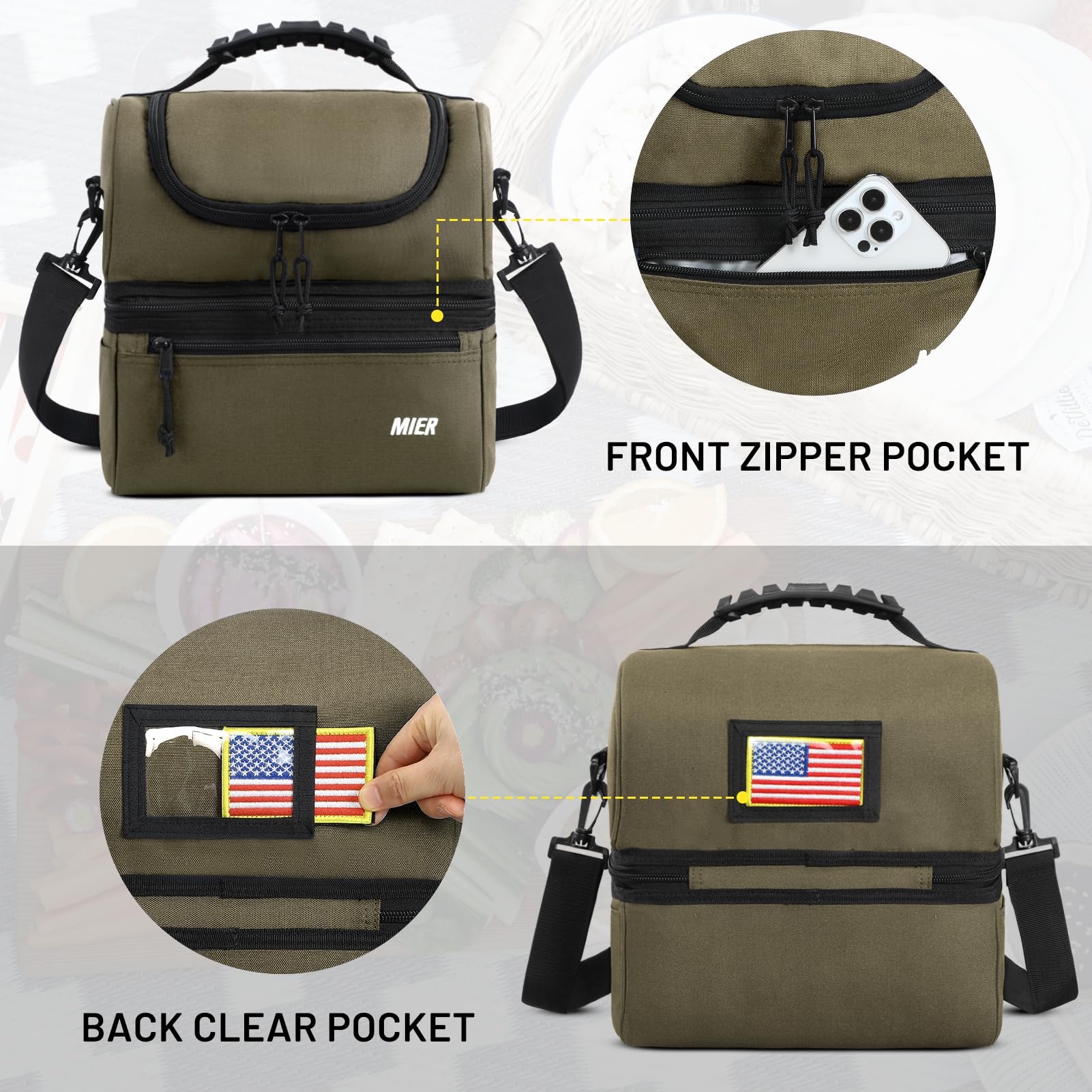MIER front zipper pocket stores utensils and napkins for quick meal setups