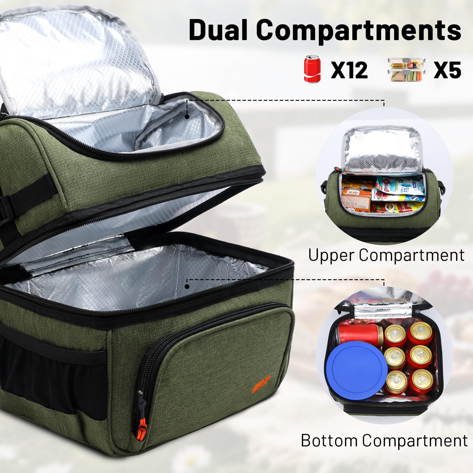 MIER dual compartment lunch bag bottom cold section keeps drinks cool for hours