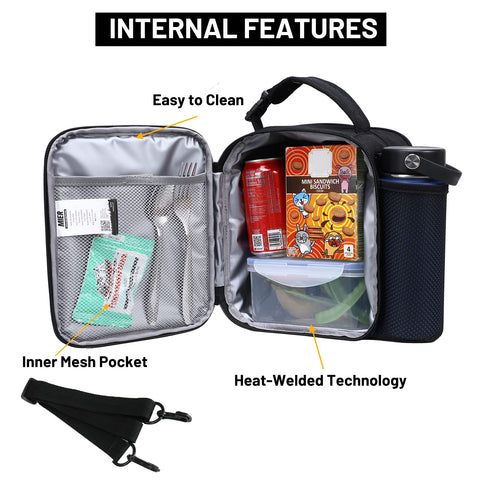 MIER expandable lunch bag side view with water bottle holder and strap.