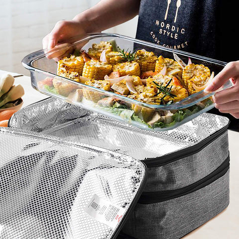 MIER insulated carrier bottom compartment holding large casseroles for picnics