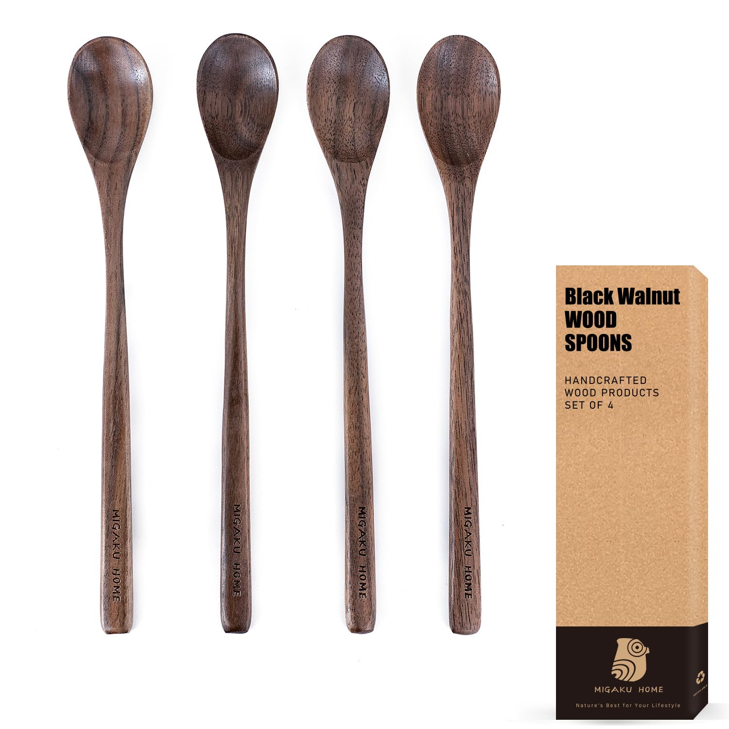 MIGAKU HOME black walnut spoon set closeup shows natural grain and smooth finish.