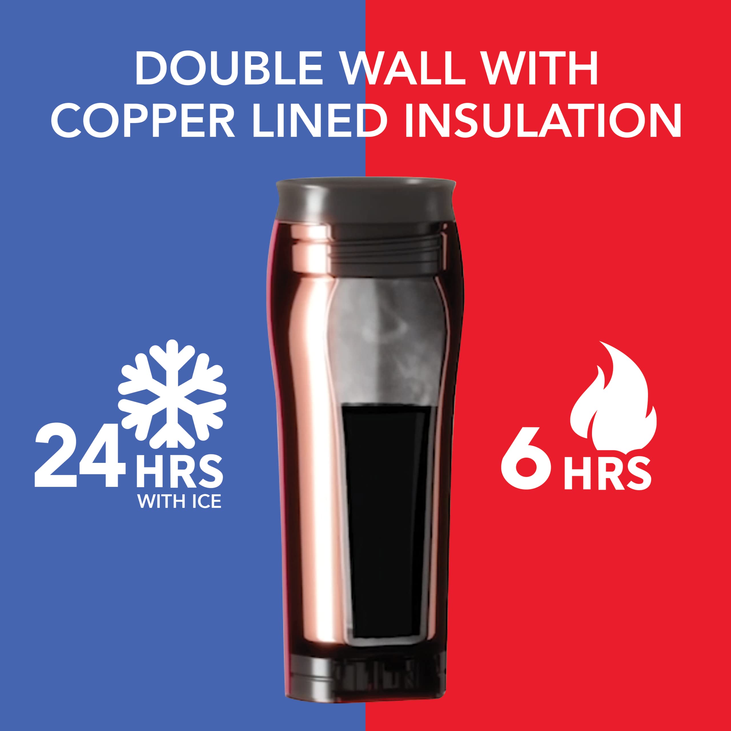 Mighty Mug insulated stainless steel tumbler keeps beverages hot or cold longer.