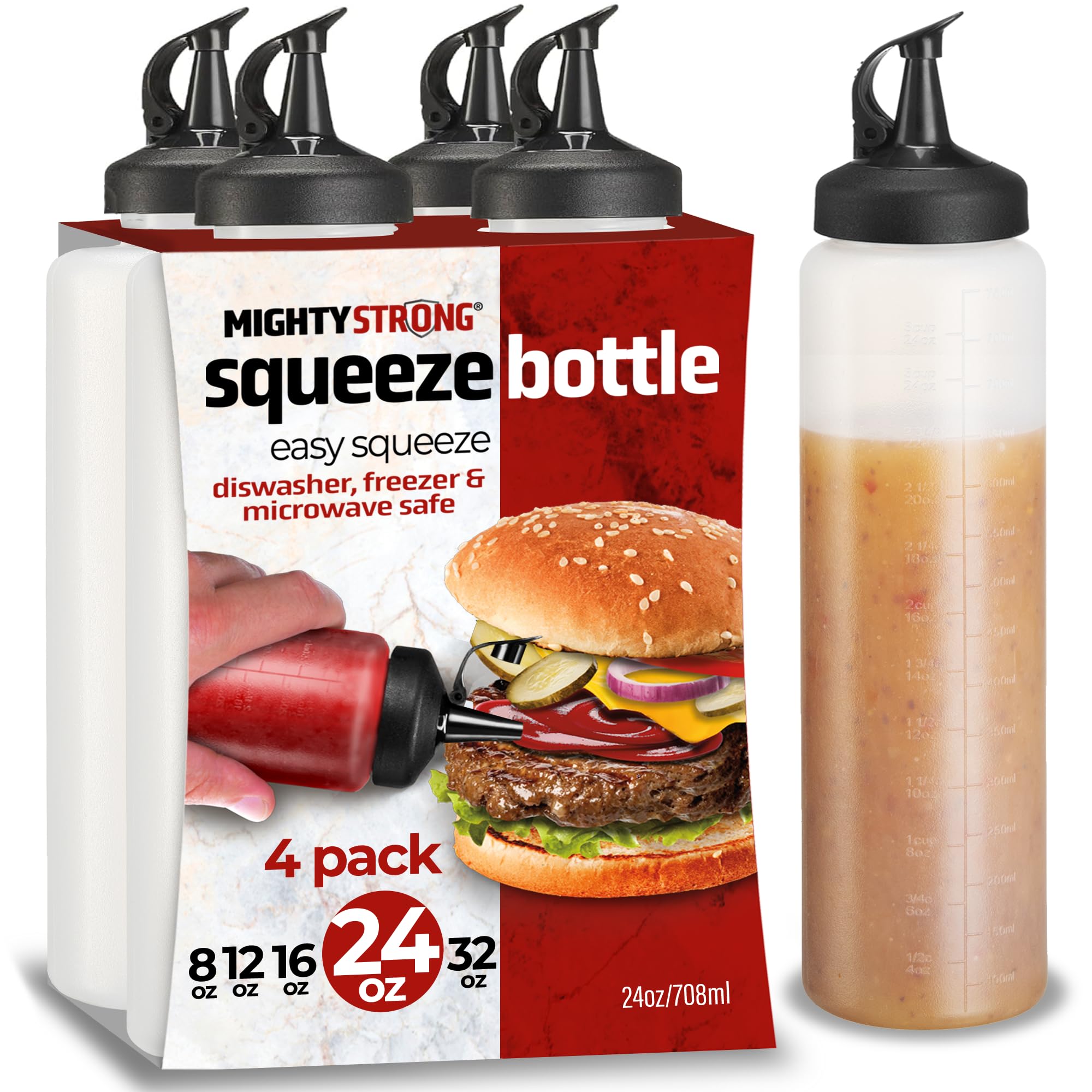 MIGHTY STRONG four-pack bottles with easy-pour-cap for mess-free pouring