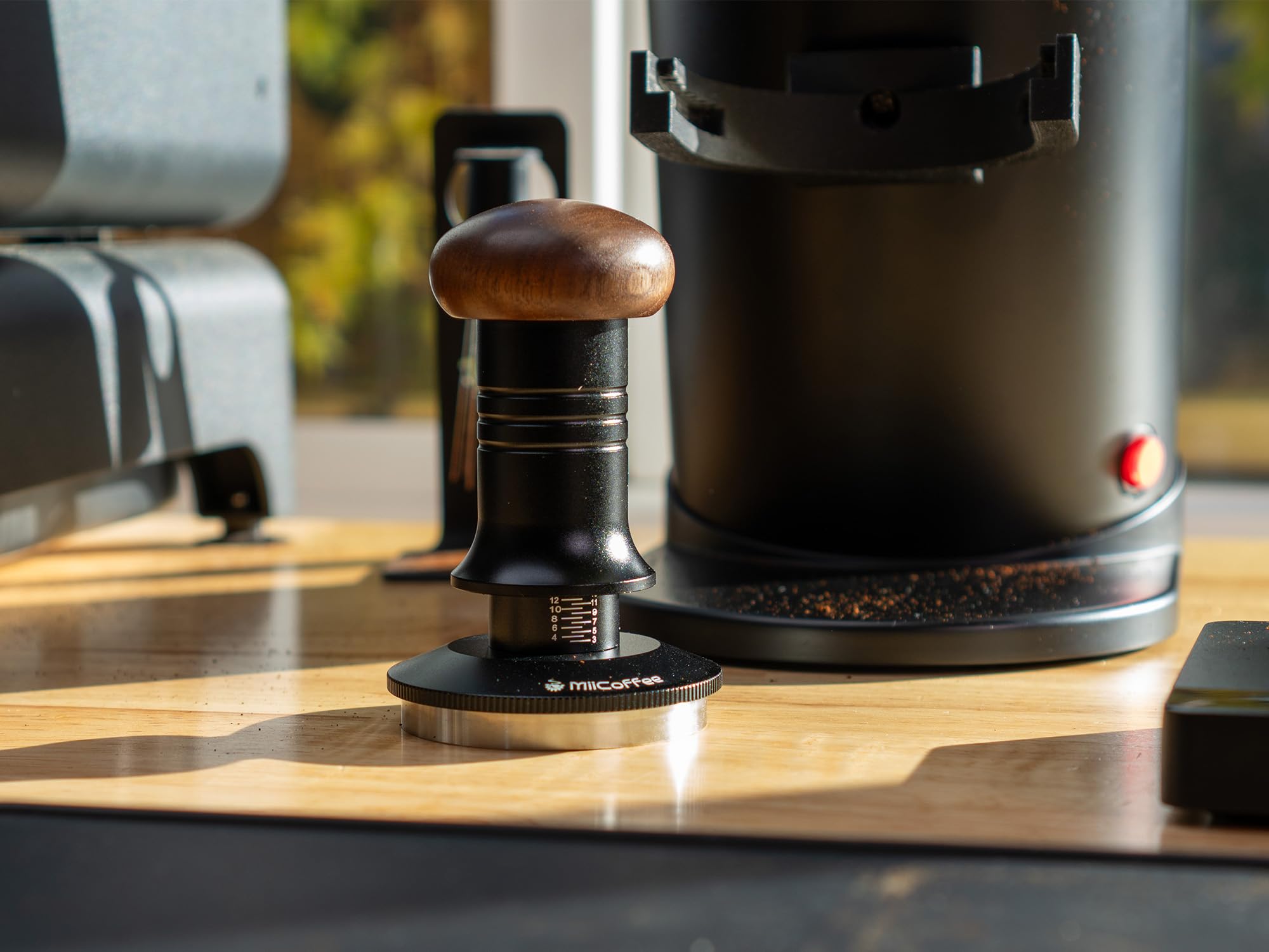 Sleek wood and stainless steel finish adds elegance to the setup.