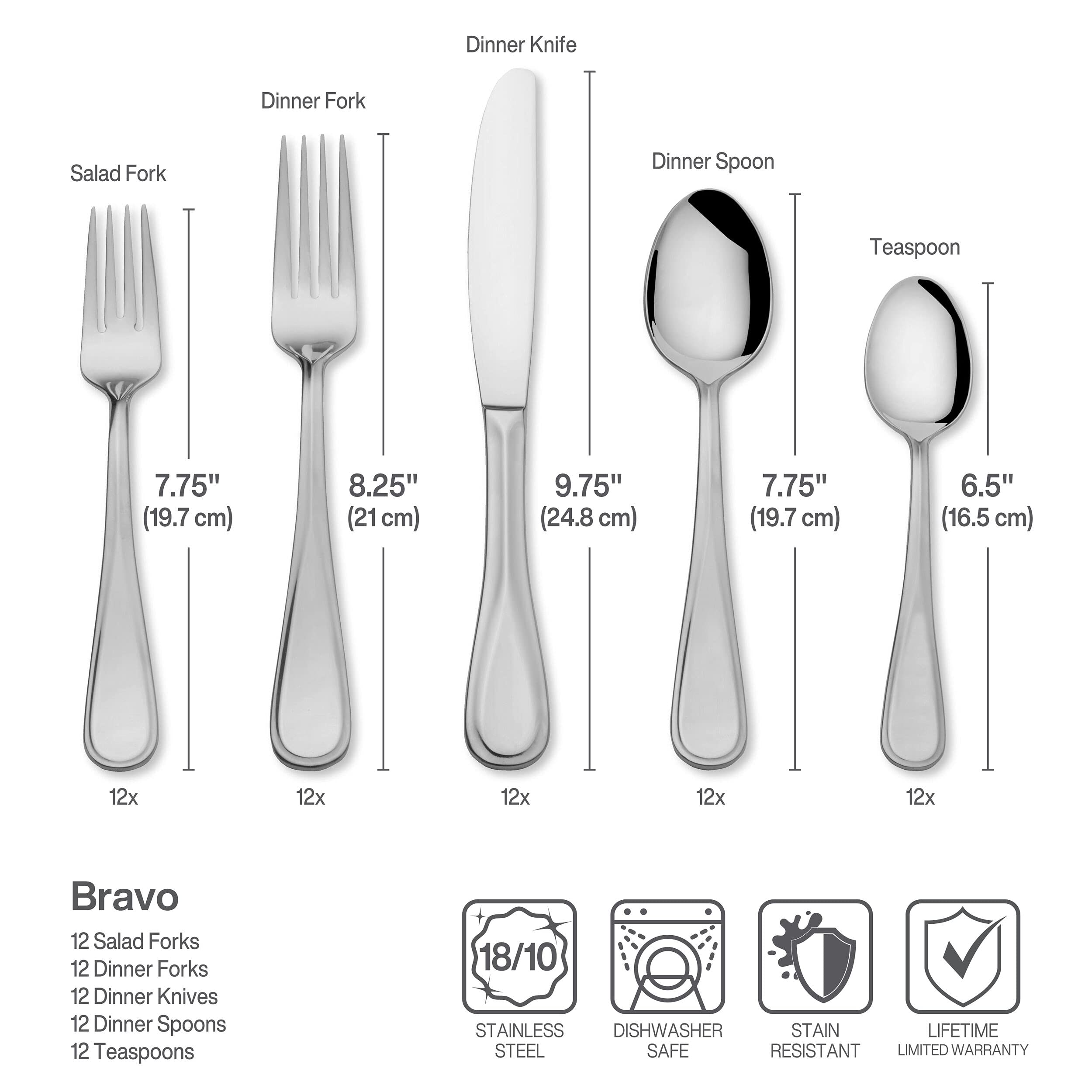 Mikasa Bravo mirror-finish handles add a contemporary touch.