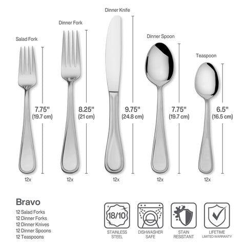 Mikasa Bravo mirror-finish handles add a contemporary touch.