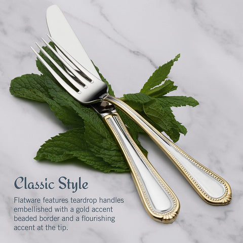 Mikasa Regent Bead Gold dinner fork detail showcasing sturdy stainless steel and gold accents.