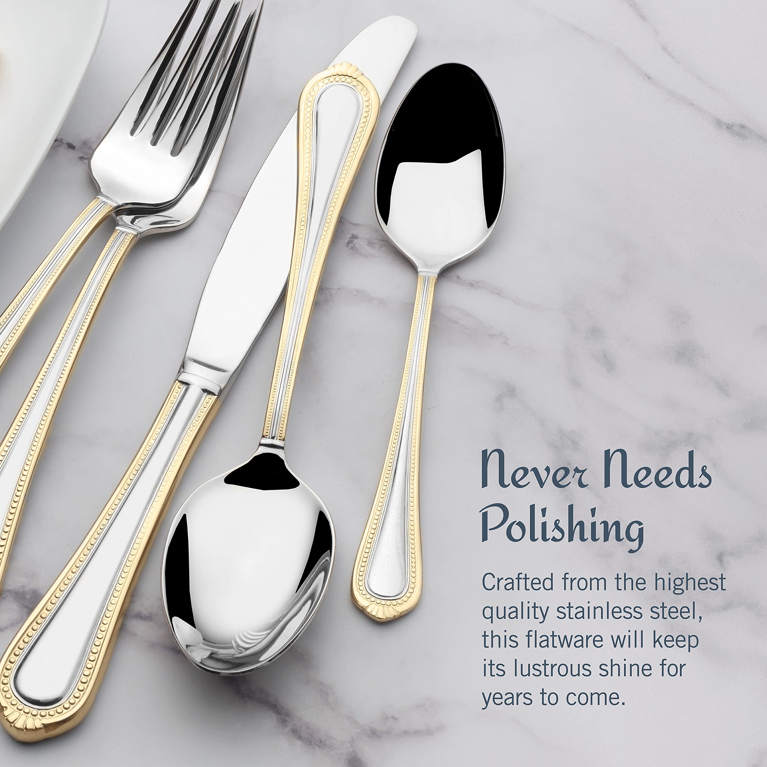 Mikasa Regent Bead Gold dinner knife detail emphasizes precision edge and timeless style.