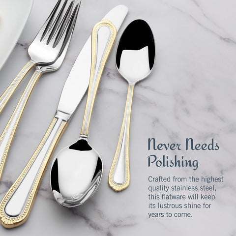 Mikasa Regent Bead Gold dinner knife detail emphasizes precision edge and timeless style.