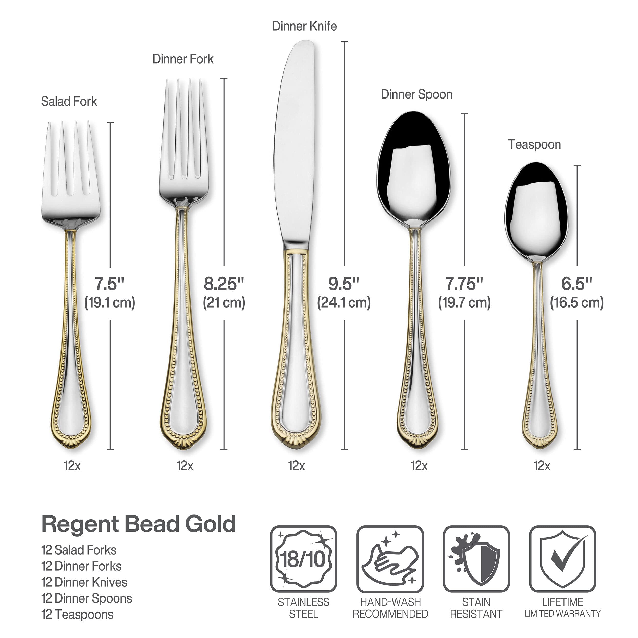 Mikasa Regent Bead Gold dinner spoon detail reflects balanced weight and a gleaming finish.