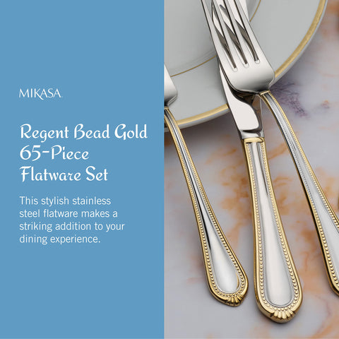 Mikasa Regent Bead Gold flatware service for 12 demonstrates generous service for gatherings.