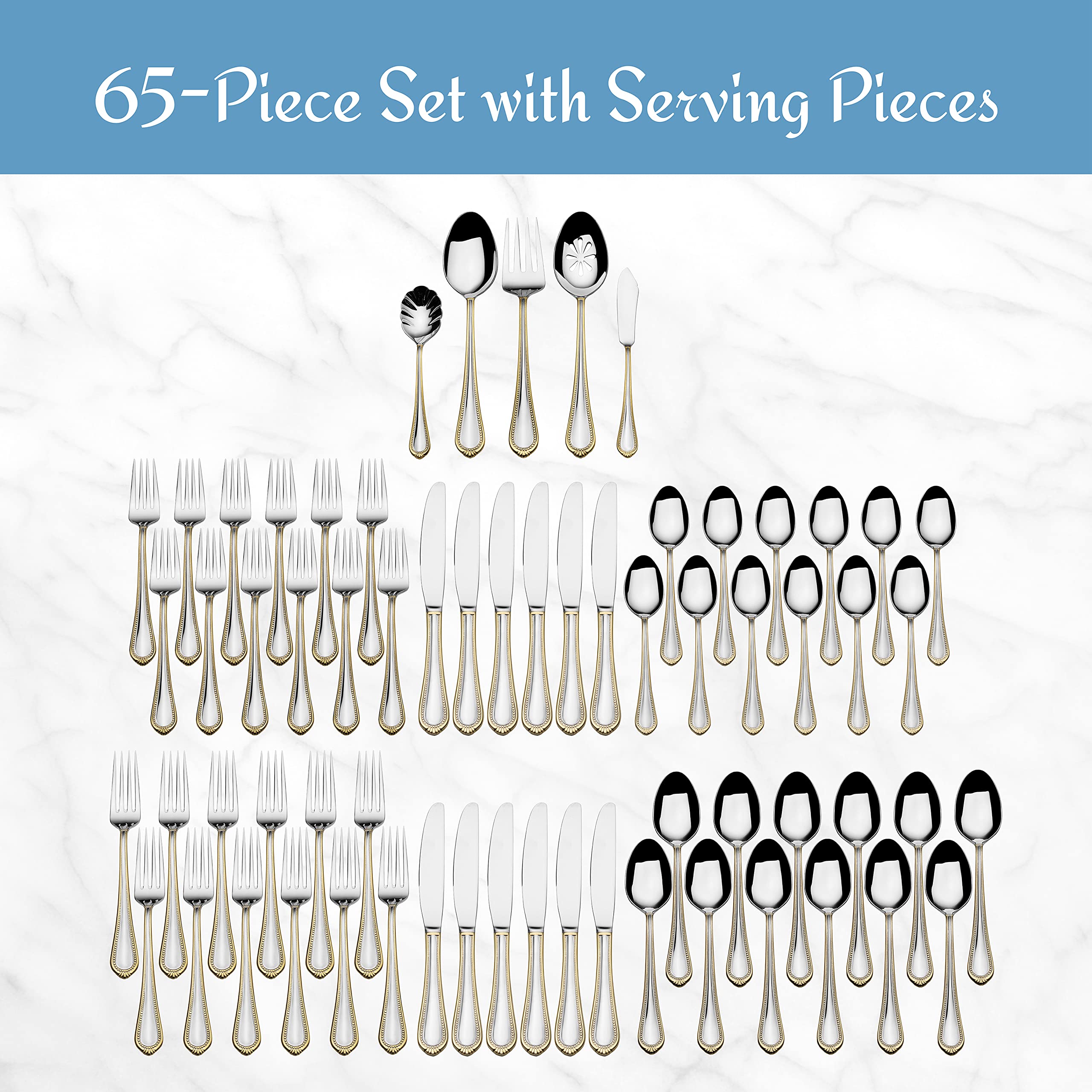 Mikasa Regent Bead Gold flatware table setting closeup highlights intricate beading and luxury touch.
