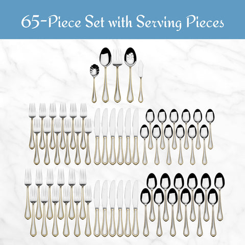 Mikasa Regent Bead Gold flatware table setting closeup highlights intricate beading and luxury touch.