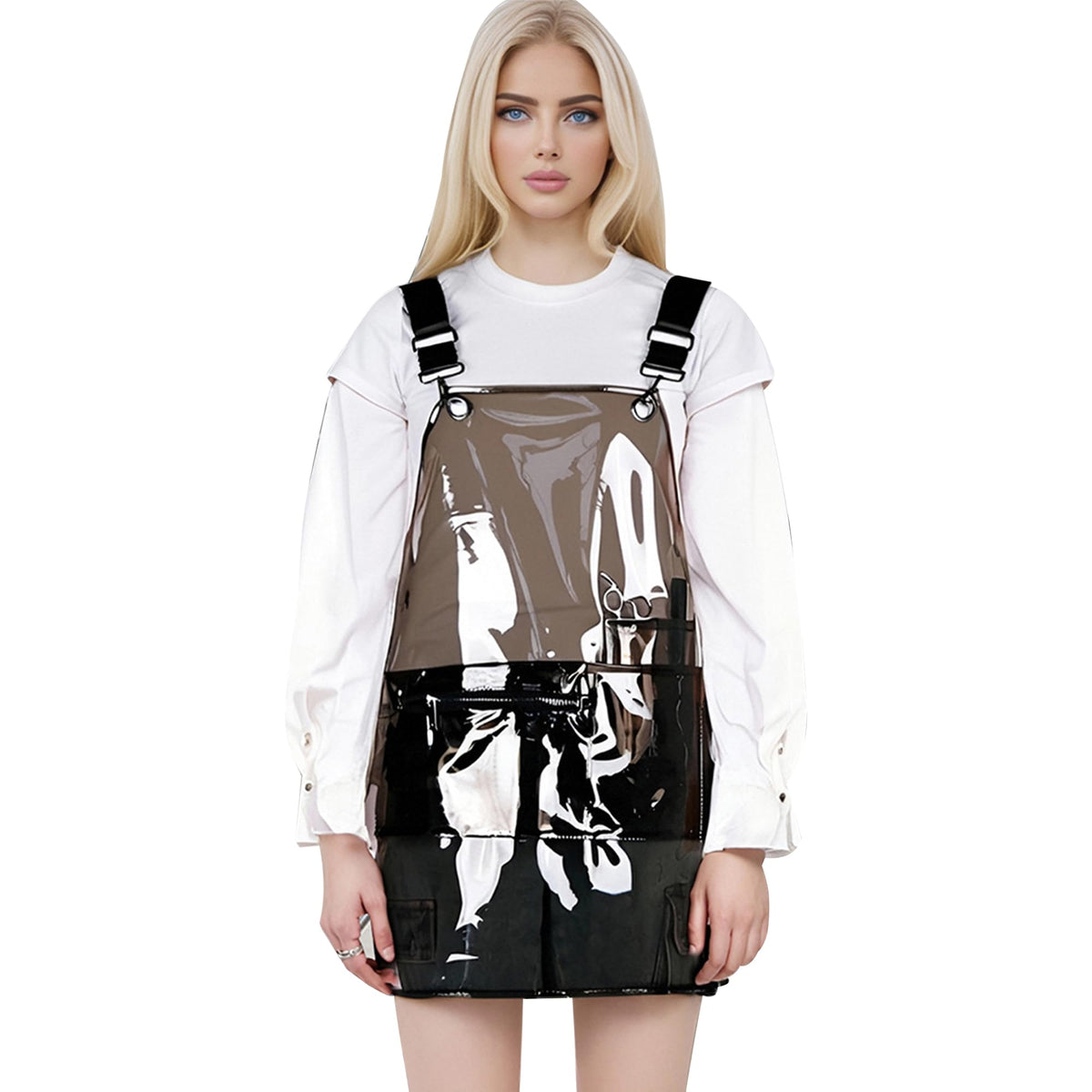 Miki Well upgraded hair stylist apron with transparent material for easy visibility and waterproof protection.