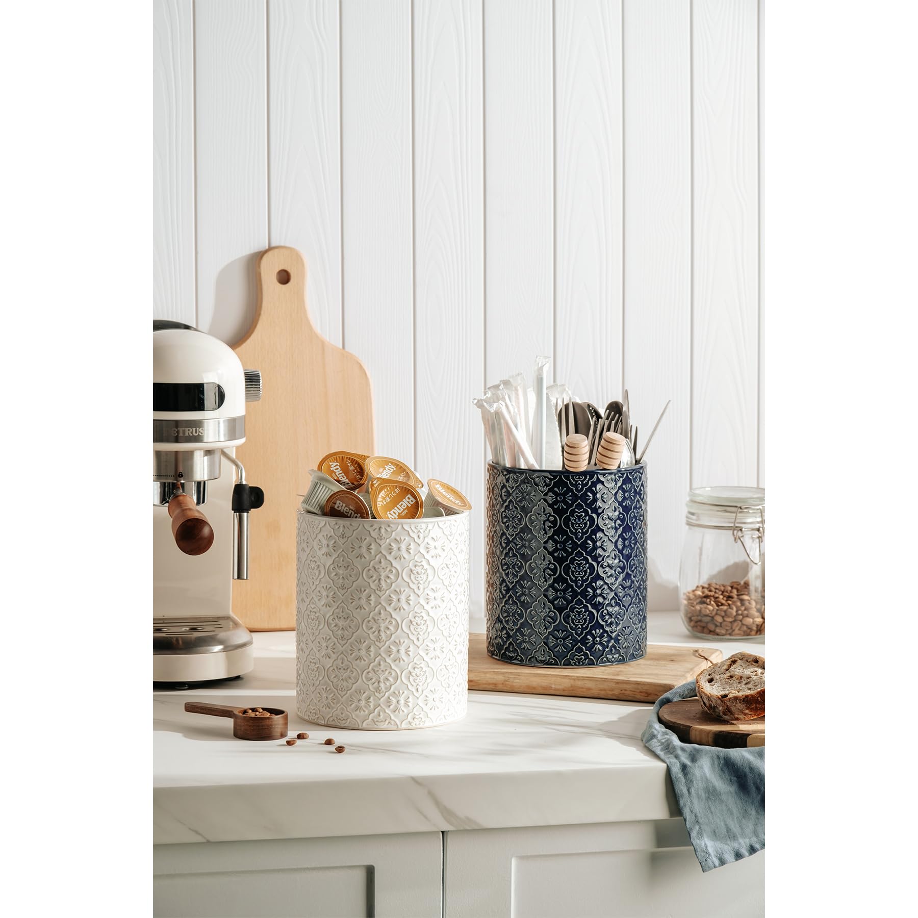 MIKIGEY heavy ceramic utensil crock prevents tipping during cooking
