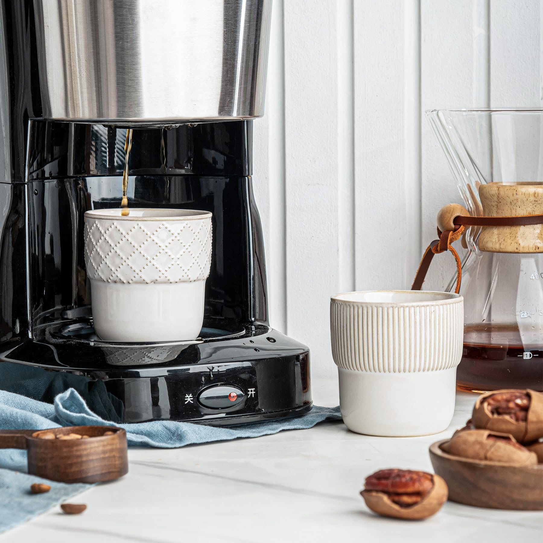 MIKIGEY 4oz demitasse under a coffee maker for easy brewing and placement.