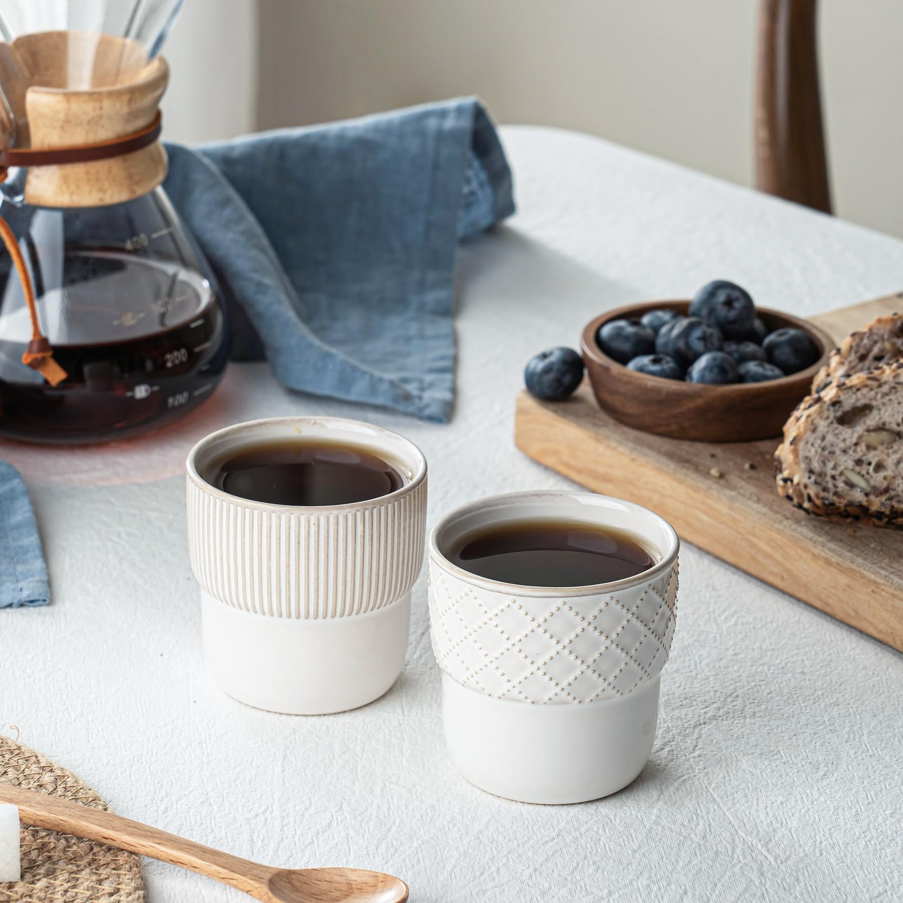 MIKIGEY farmhouse decor espresso cups complement kitchen shelves and counters.