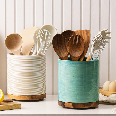 MIKIGEY green farmhouse decor enhances counter appeal while storing utensils.