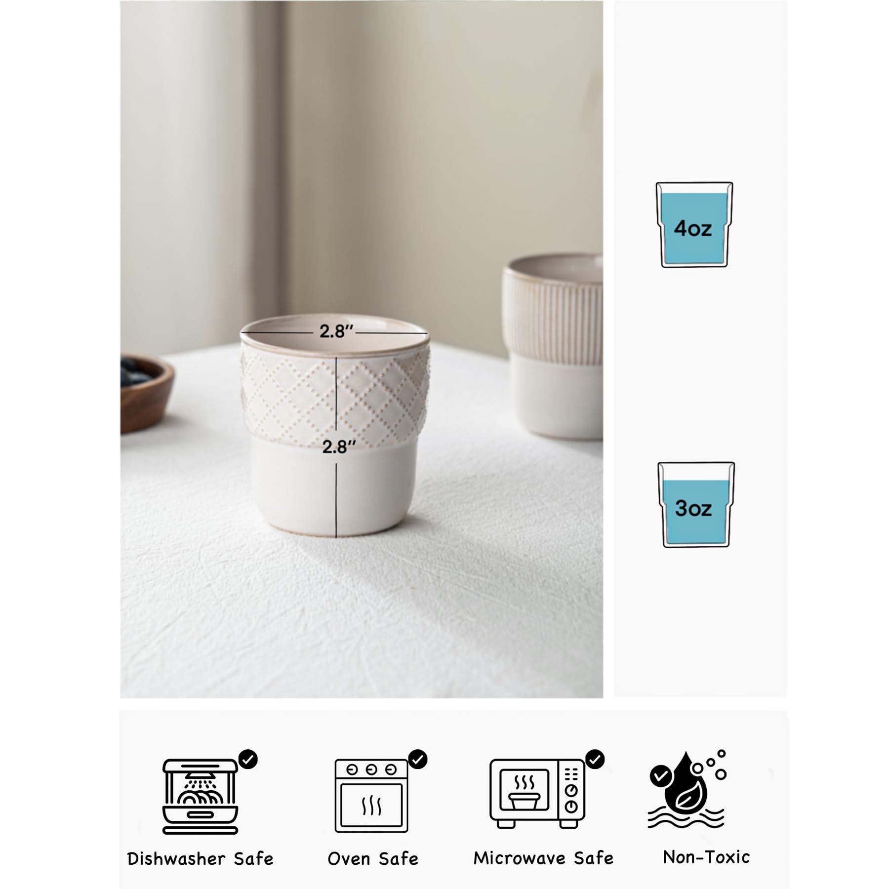 MIKIGEY microwave-safe espresso cups ready for quick reheats and convenience.