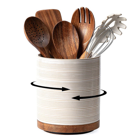 MIKIGEY utensil holder with 360° rotation on Arctic White ceramic base for easy access.