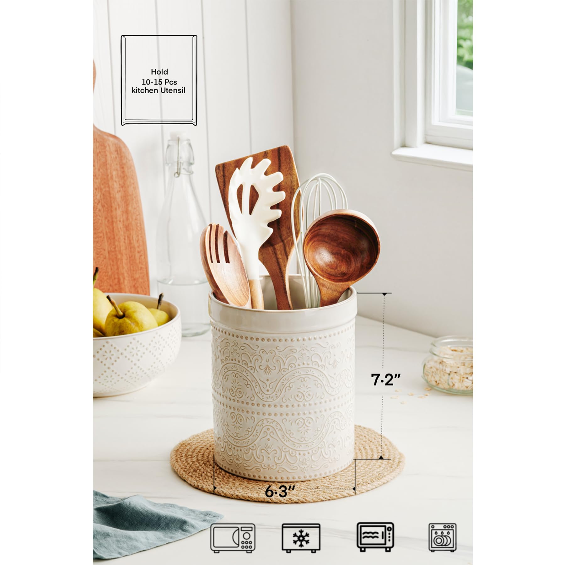 MIKIGEY lace-embossed holder keeps spoons, spatulas, and tongs neatly organized.