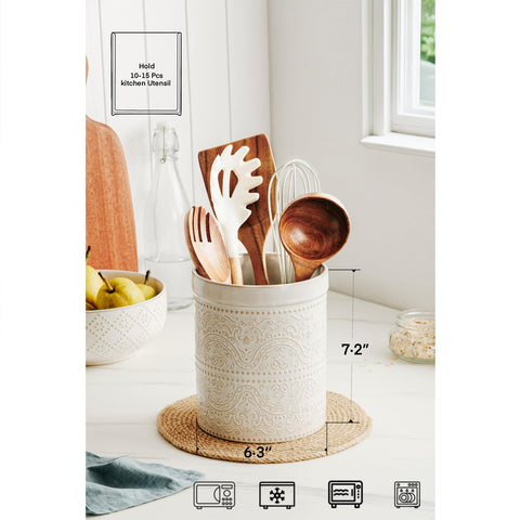 MIKIGEY lace-embossed holder keeps spoons, spatulas, and tongs neatly organized.