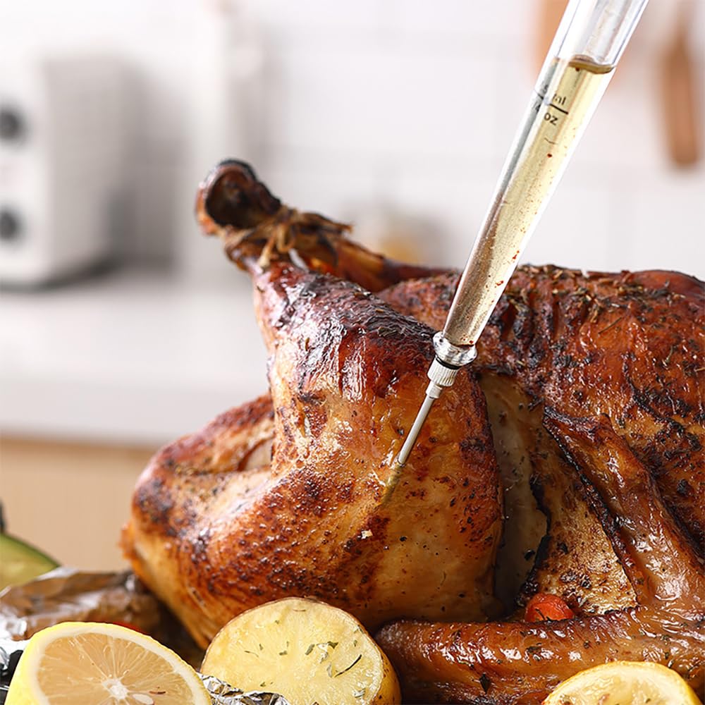 Mikim stainless steel injector needle ready to infuse marinades into meat.