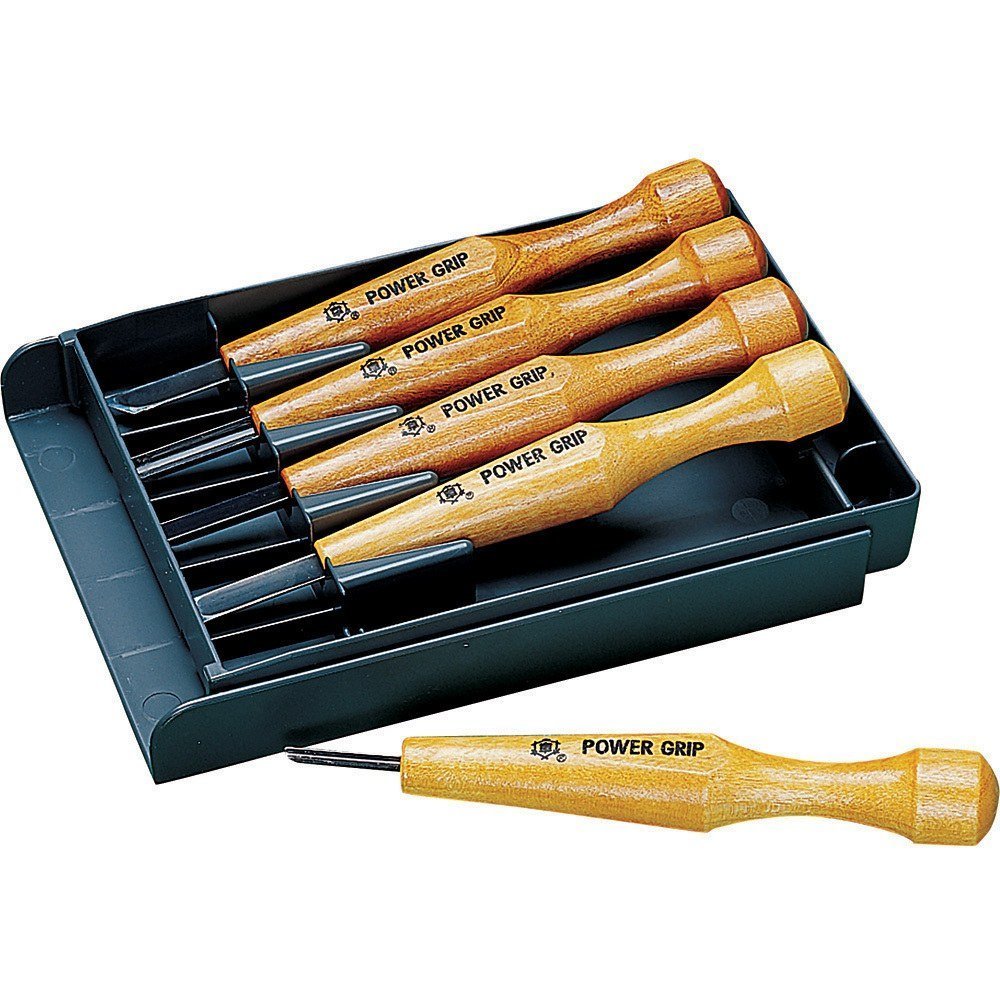Mikisyo Rockler five-piece power grip carving set for precise wood shaping.