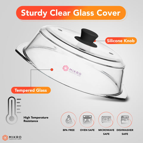 Mikro Innovations tall glass cover in use over food reduces splatter problems