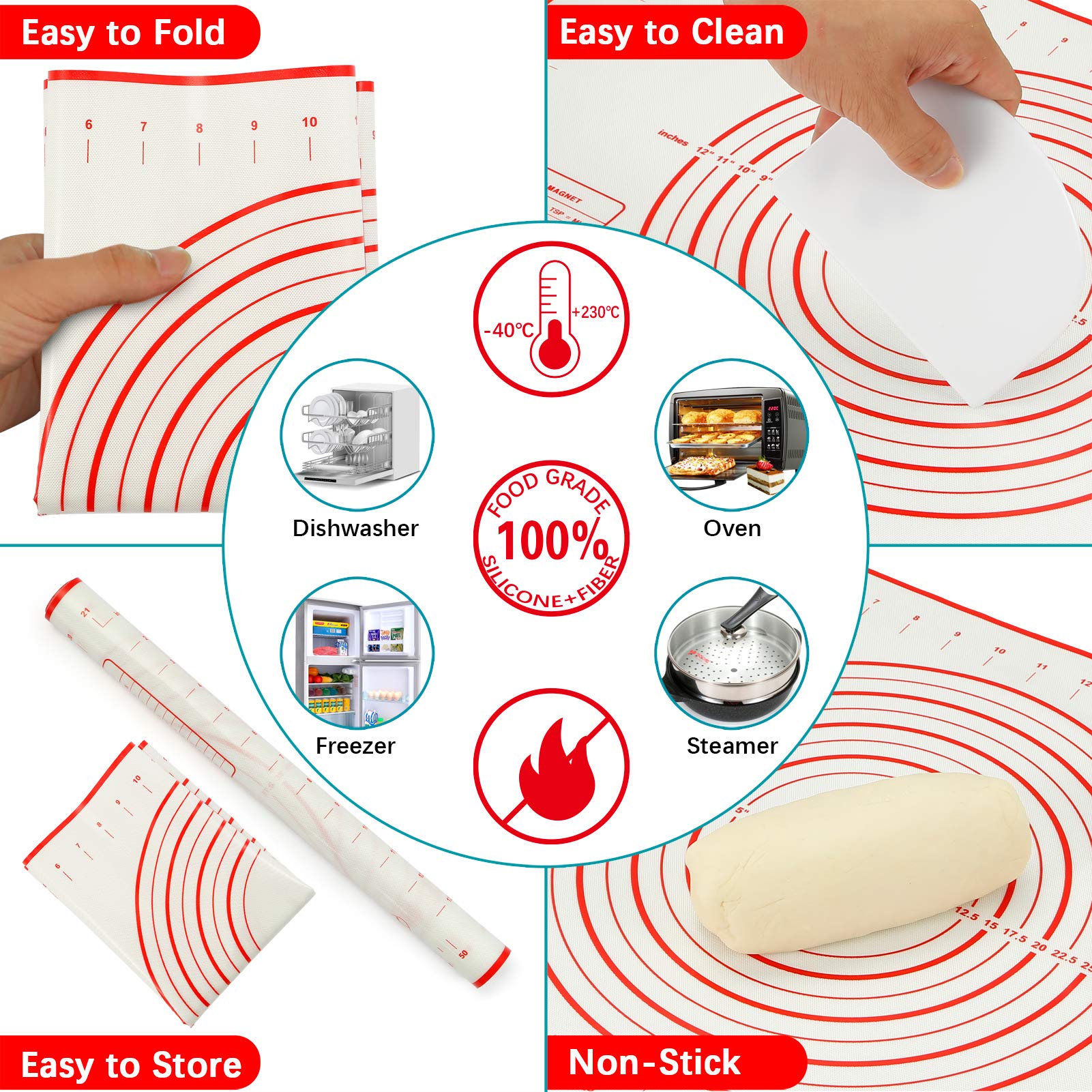 MIKULA 24x16 silicone pastry mat offers a nonstick rolling surface.